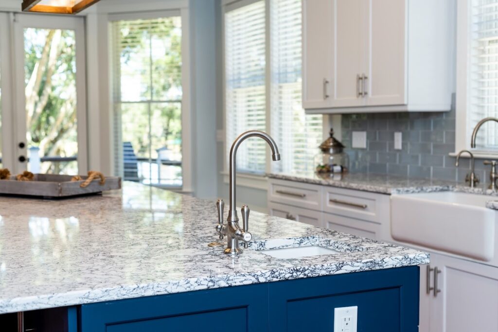 quartz countertop with dark blue accents