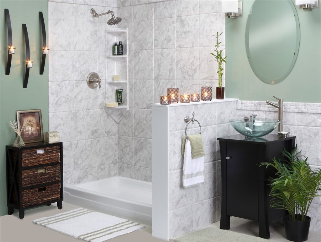 mint green bathroom with natural stone shower