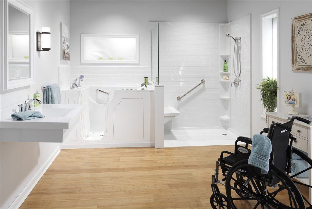 accessible shower and tub with wheelchair